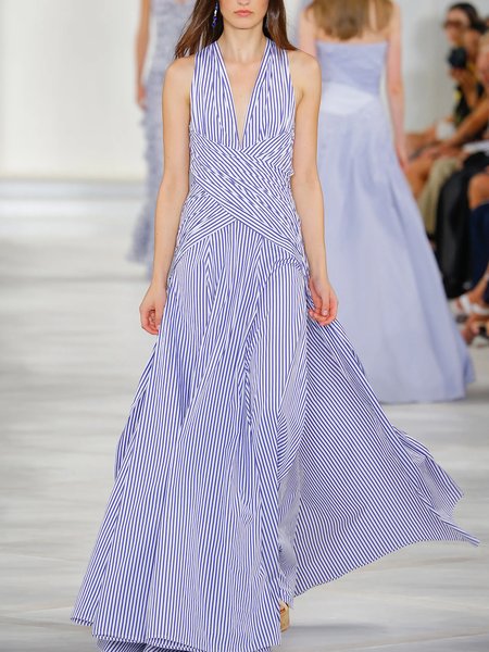 

Elegant Striped Regular Fit Sleeveless Maxi Dress, Blue, Maxi Dresses