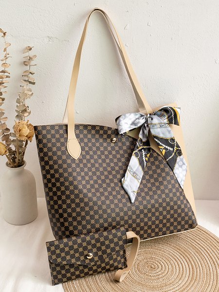 

JFN Geometric Print Bows Large Capacity Bags Tote Bags Shoulder Bags Wallets, Brown, Women's Bags
