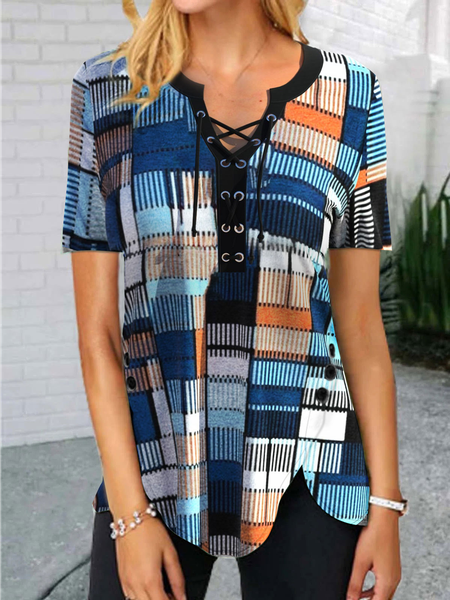 

Geometric Casual Short Sleeve Tops, Multicolor, Shirts & Blouses