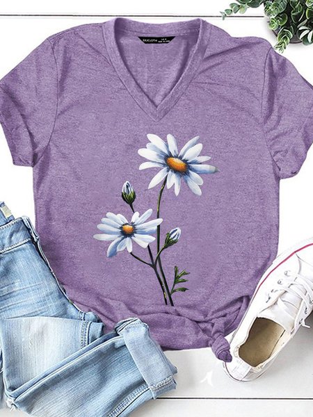 

Womens Flower Print Casual Letter Short Sleeve T-Shirt, Purple, T-shirts