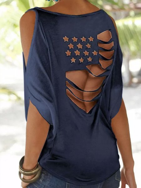 

Plain Loosen Casual Short Sleeve T-Shirt, Blue, Shirts & Blouses