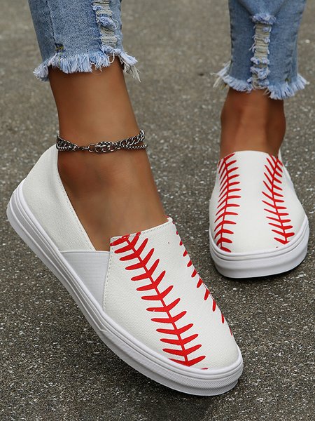 JFN Baseball Graphic Print Casual Flats, White, Flats