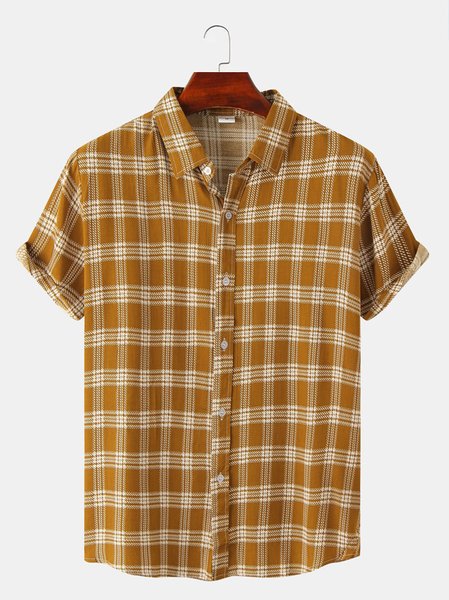 

Shirt Collar Checked/Plaid Short Sleeve Shirts, Yellow, Shirts ＆ Blouse
