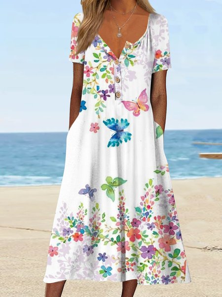 

Half open button pocket gradient flower a hem loose Long Dress Plus Size, Multicolor, Dresses