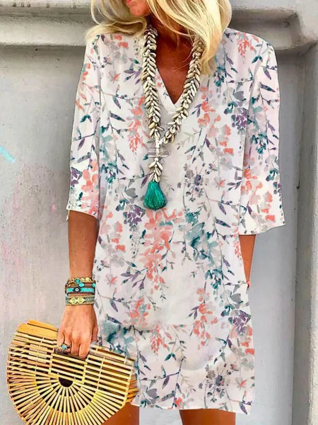 

V Neck Floral Casual Short Sleeve Woven Dress, Multicolor, Dresses