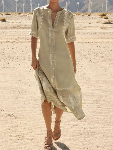 

Regular Fit Vacation Round Neck Short Sleeve Women Dress, Apricot, Midi Dresses