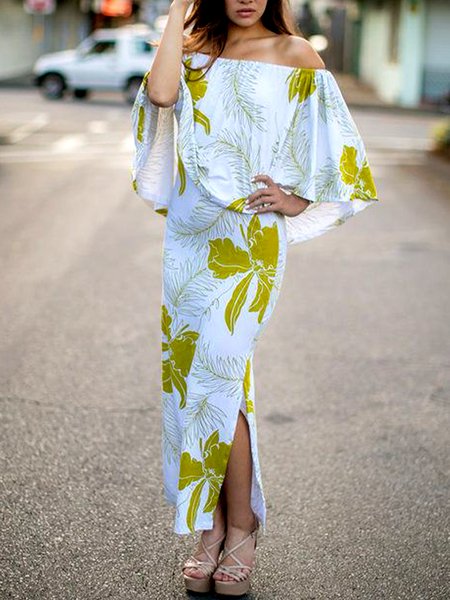 Regular Fit Off The Shoulder Vacation Short Sleeve Knit Maxi Dress, Yellow, Maxi Dresses