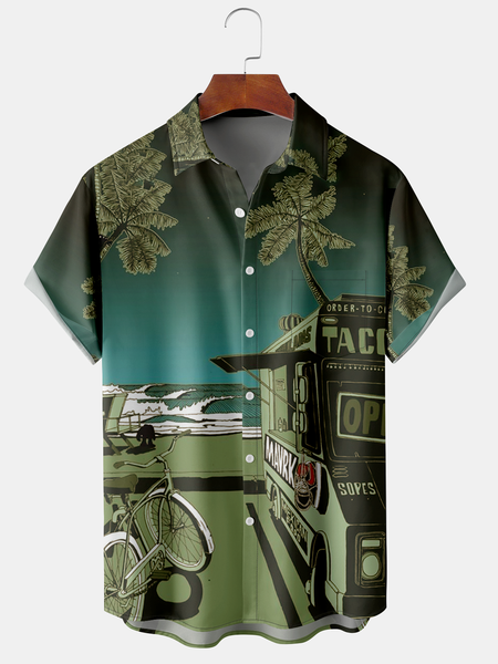 

Men's Ocean Print Casual Fabric Fashion Hawaiian Lapel Short Sleeve Shirt, Green, Men's Floral shirt