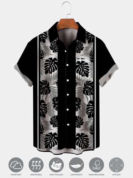 

Men's Leaf Print Moisture Wicking Fabric Trendy Lapel Short Sleeve Shirt, Black, Men's Floral shirt