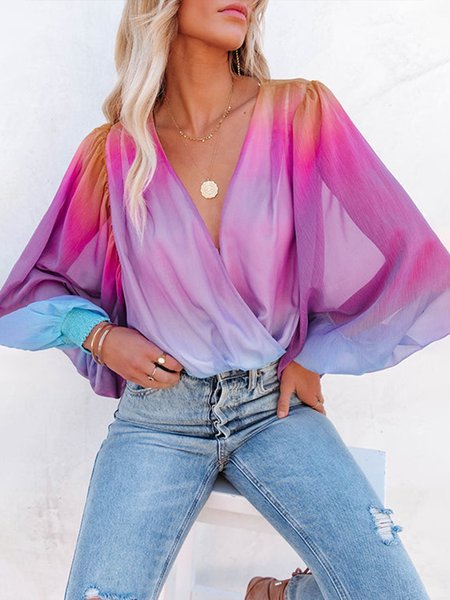 

Casual Loosen Ombre Long Sleeve Top, Purple, Tops