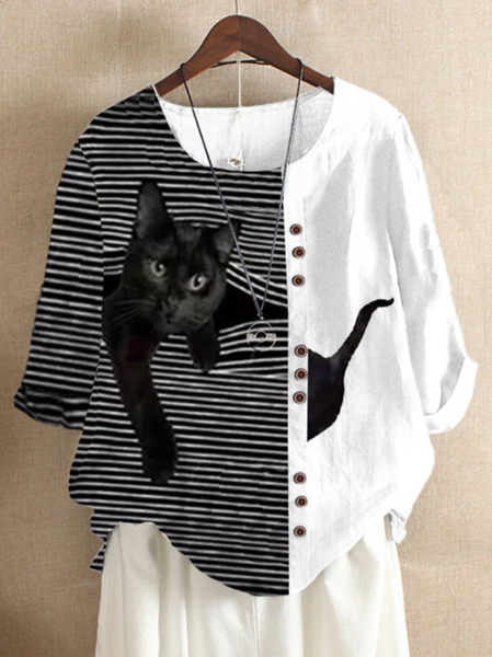 

Black Patch Print Long Sleeve O-Neck White Striped T-Shirt, Shirts & Blouses