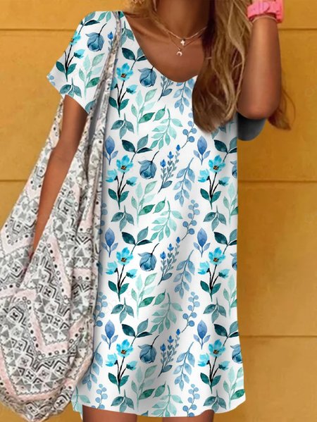 

V Neck Leaves Short Sleeve Knit Dress, Green, Dresses