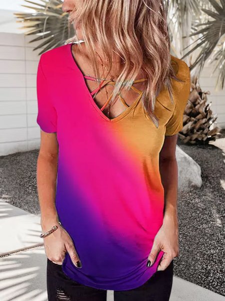 

Casual V Neck Loosen Short Sleeve Tops, As picture, T-Shirts