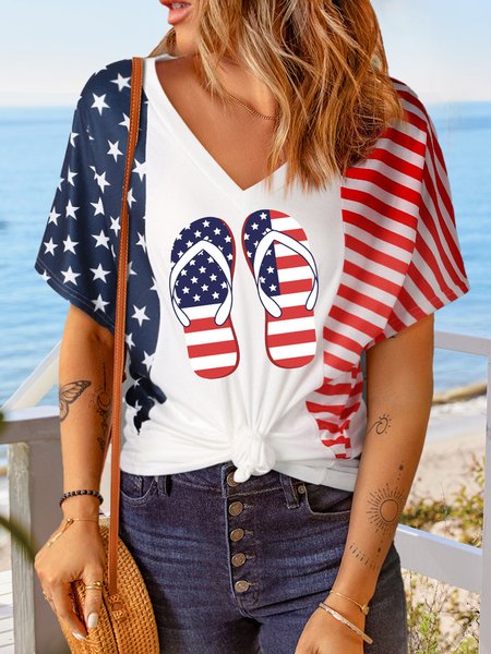 

White The US Stars and Stripes Slippers Print Loose V Neck Tees, Multicolor, T-Shirts