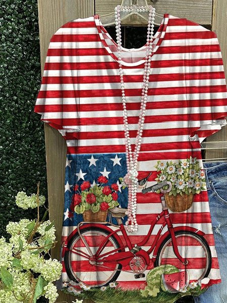 

Independence Day Floral Print Casual Loose Short Sleeve T-Shirt, Red, T-Shirts