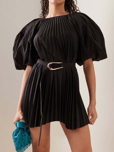 

Simple Solid Crew Neck Short Sleeve Mini Dress, Black, Mini Dresses