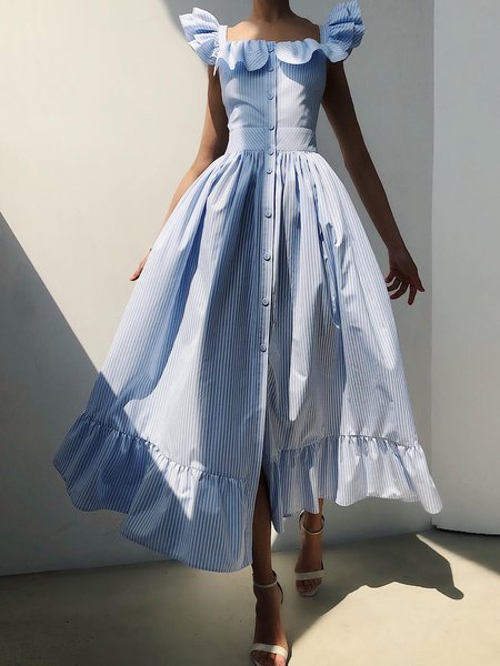 

Elegant Striped Square neck Sleeveless Woven Dress, Blue, Maxi Dresses