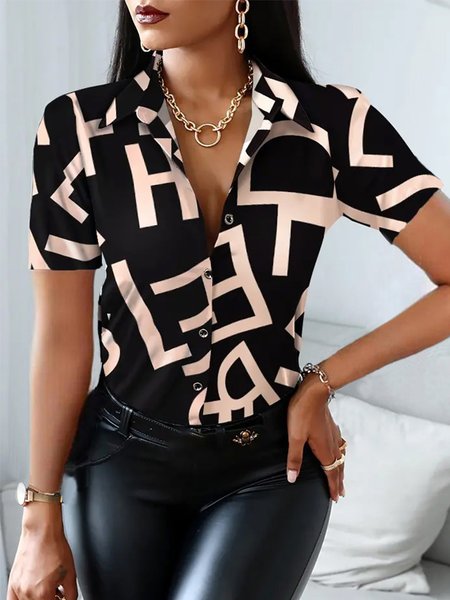

Shirt Collar Simple Short Sleeve Blouse, Black, Blouses and Shirts