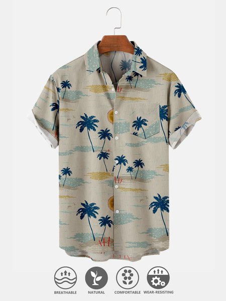 

Cotton And Linen Holiday Leisure Short-sleeved Shirt, As picture, Men's Floral shirt
