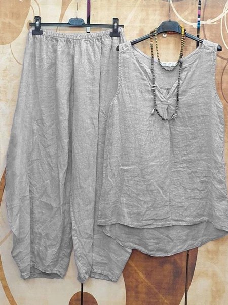 

Plain cotton linen loose holiday coat pants two piece suit plus size, Light gray, Suit Set