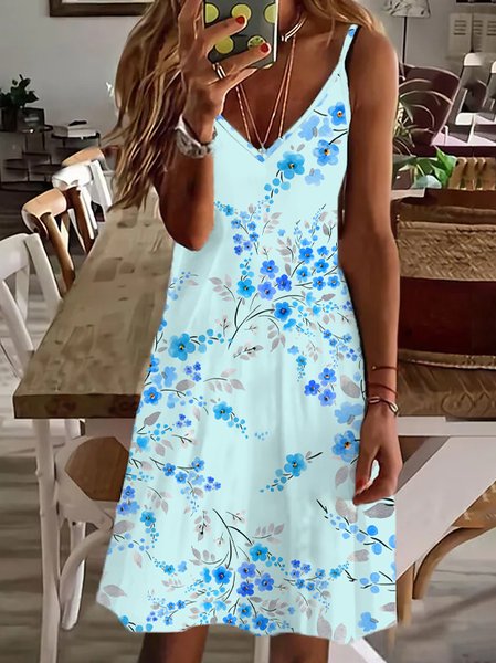 

Regular Fit Floral V Neck Sleeveless Knitting Dresses, Blue, Dresses