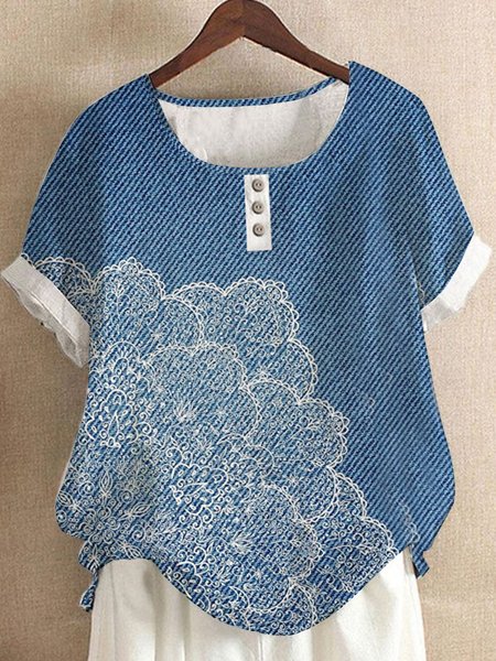 

Button up denim blue print stripe floral loose Pullover Top plus size, Shirts & Blouses