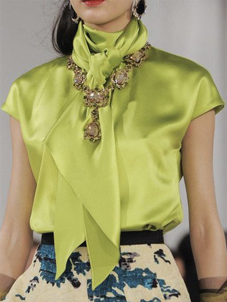 

Simple High Neck Regular Fit Cap Sleeve Top, Green, Tops