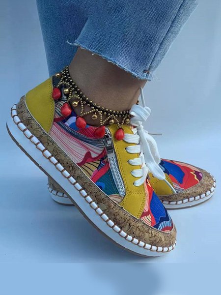 

Women's Vintage Geometric Print Zip-Up Lace-Up Sneakers, Yellow, Flats