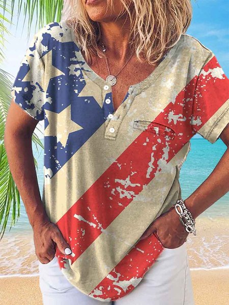 

Vacation Casual Striped Star Printed Loose Short Sleeve T-Shirt, Multicolor, T-Shirts