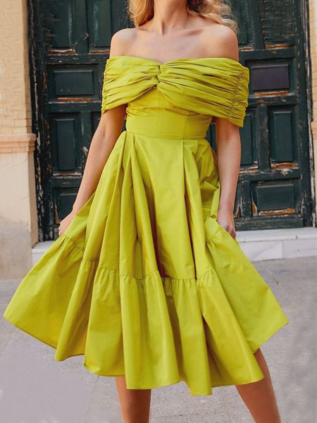 

Summer Off The Shoulder Plain Elegant Short Sleeve Woven Fit and FlareX Dress, Green, Midi Dresses