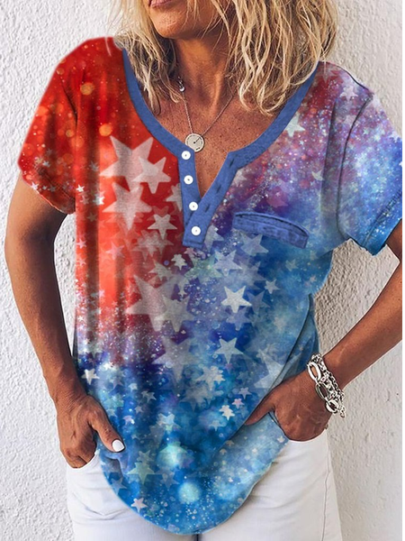 

V Neck Casual Geometric Short Sleeve Tops, Multicolor, T-Shirts