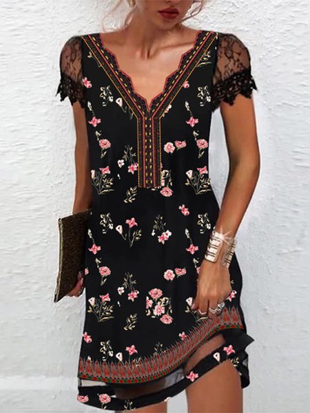 

V Neck Vacation Floral Short Sleeve Knit Dress, Black, Dresses