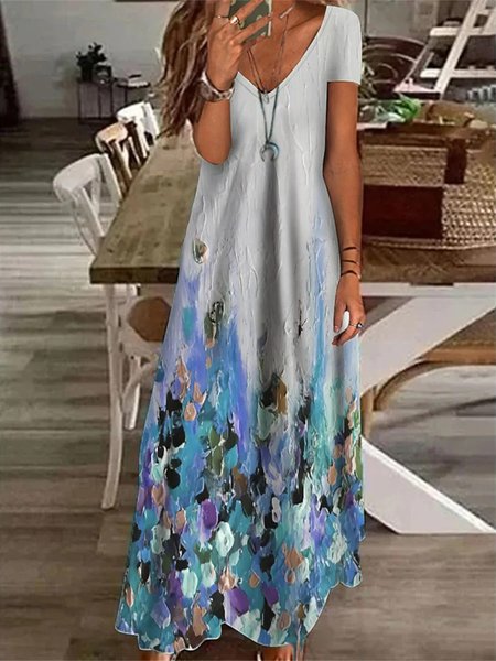 

Regular Fit Abstract Short Sleeve Knit Dress, Blue, Dresses