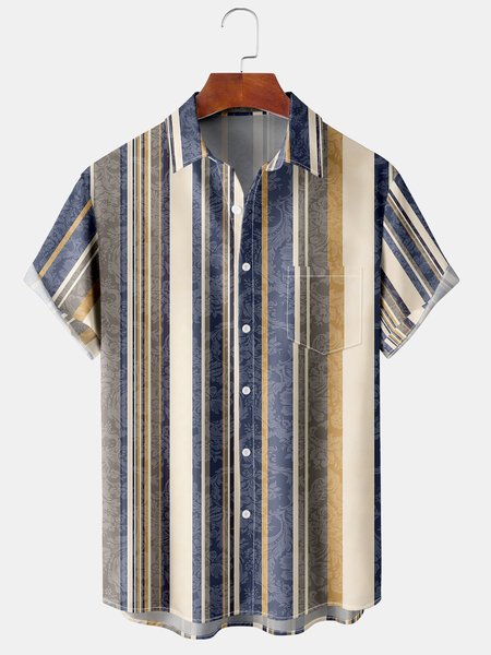 

Resort-Style Hawaiian Floral And Plant Striped Geometric Pattern Lapels Short-Sleeved Print Top, Blue, Men's Floral shirt