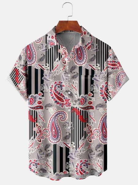 

Men's Vintage Pattern Print Casual Breathable Short Sleeve Shirt, Pink, Men's Floral shirt