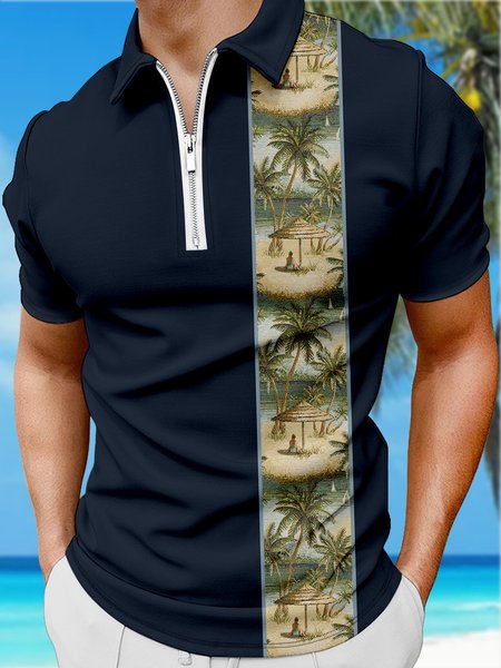 

Resort-Style Hawaiian Striped Geometric Plant Coconut Tree Element Pattern Lapel Short-Sleeved Polo Print Top, Purplish blue, Men's t-shirts