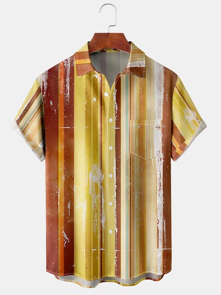 

Men's Geometric Striped Print Casual Breathable Hawaiian Short Sleeve Shirt, Yellow, Men's Floral shirt