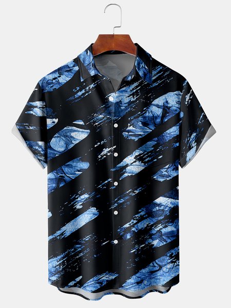 

Men's Geometric Stripe Print Casual Breathable Hawaiian Short Sleeve Shirt, Black, Men's Floral shirt