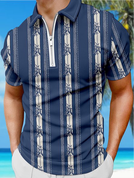 

Resort Hawaiian Striped Geometric Coconut Tree Pattern Lapel Short Sleeve Polo Print Top, Royal blue, Men's t-shirts