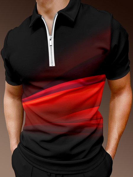 

Casual Art Collection Abstract 3D Striped Element Pattern Lapel Short Sleeve Polo Print Top, Red, Men's t-shirts