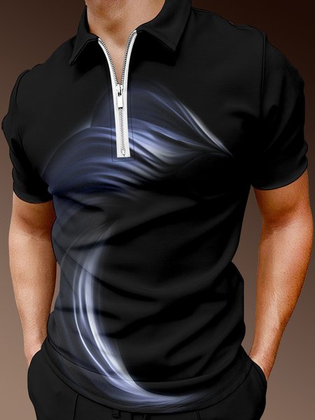 

Casual Art Collection Abstract 3D Striped Element Pattern Lapel Short Sleeve Polo Print Top, Black, Men's t-shirts