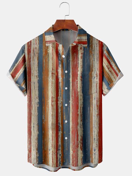 

Men's Geometric Stripe Print Casual Breathable Hawaiian Short Sleeve Shirt, Red, Men's Floral shirt