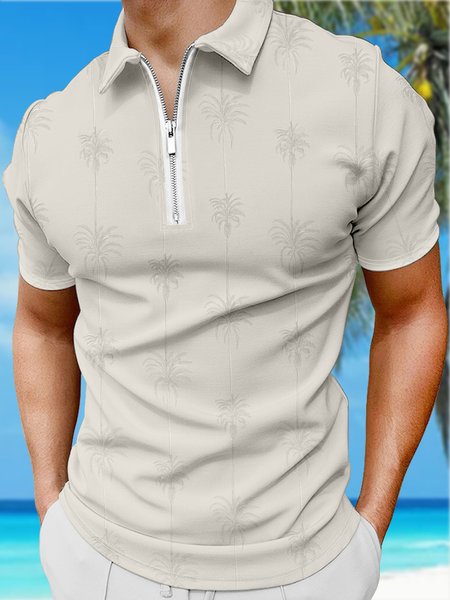 

Resort Hawaiian Coconut Tree Element Pattern Lapel Short Sleeve Polo Print Top, White-gray, Men's t-shirts