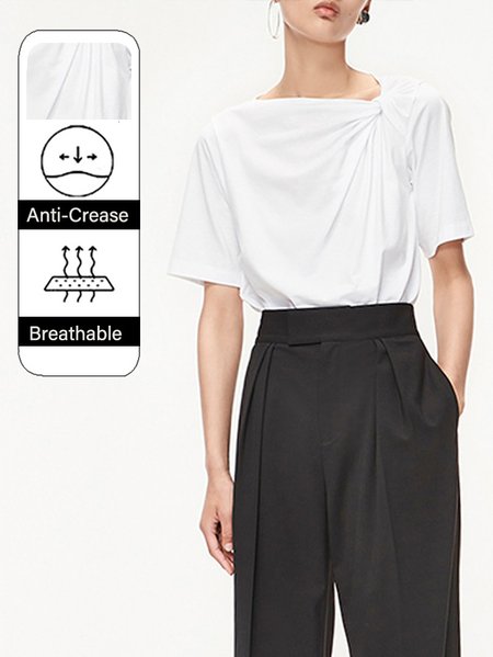 

Knot Front Simple Asymmetrical Neck Short Sleeve T-Shirt, White, Tees