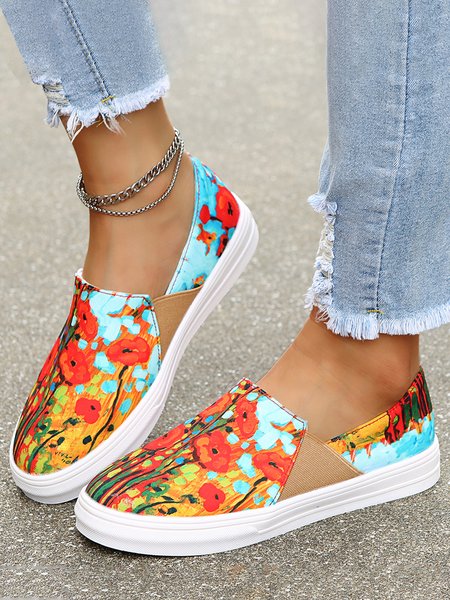 

Abstract Oil Painting Floral Print Street Statement Canvas Flats, As picture, Flats