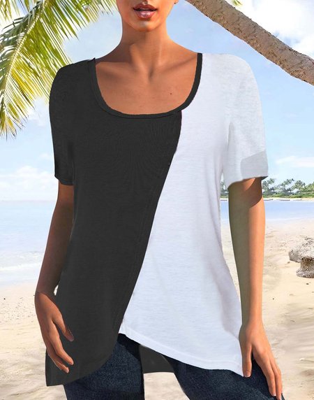 

Black and White Contrast Irregular Hem Short Sleeve Top, Tunics
