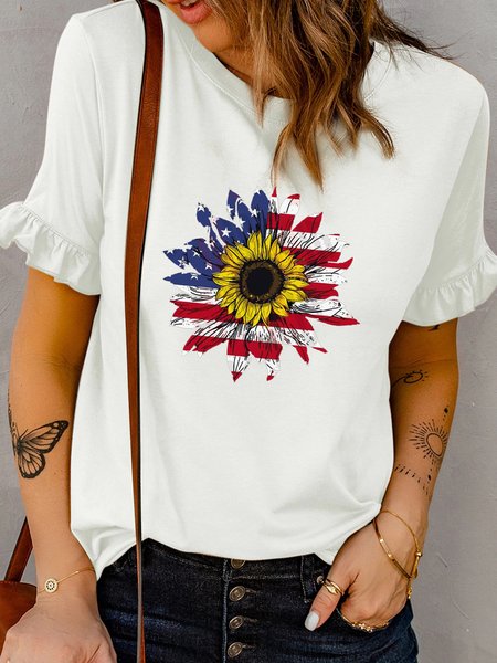 

Casual Floral Printed Crew Neck Short Sleeve T-Shirt, White, T-Shirts