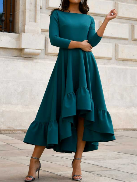 

Summer Regular Fit Crew Neck Elegant Short Sleeve Knit Fit and FlareX Dress, Deep green, Midi Dresses