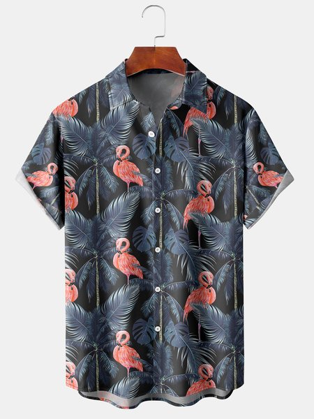 

Men's Flamingo Coconut Tree Print Casual Breathable Hawaiian Short Sleeve Shirt, Blue, Men's Floral shirt