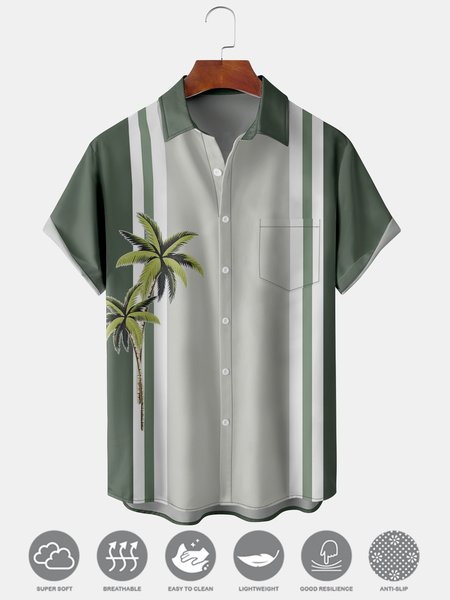 

Men's Coconut Tree Print Moisture Wicking Fabric Trendy Lapel Short Sleeve Shirt, Green, Men's Floral shirt